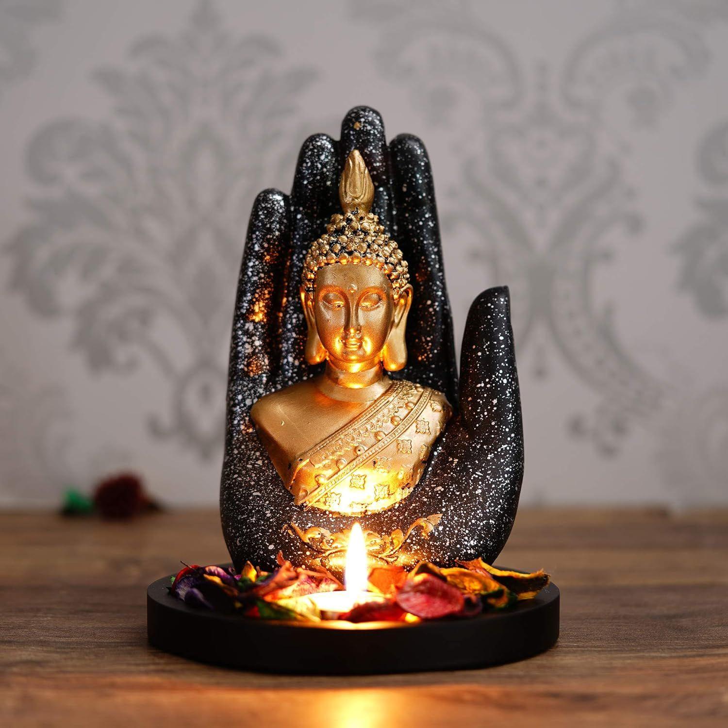 

Black Golden Resin Palm Buddha Statue Tea Light Candle Holder | Buddha Showpiece for Home Decor Living Room Office | золотой/чёрный