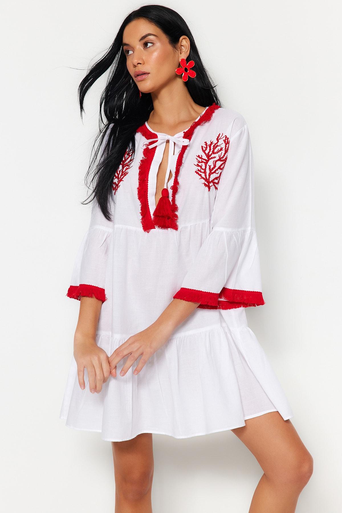 

Красное мини-пляжное платье из 100% хлопка с тканой вышивкой TBESS21EL1351..