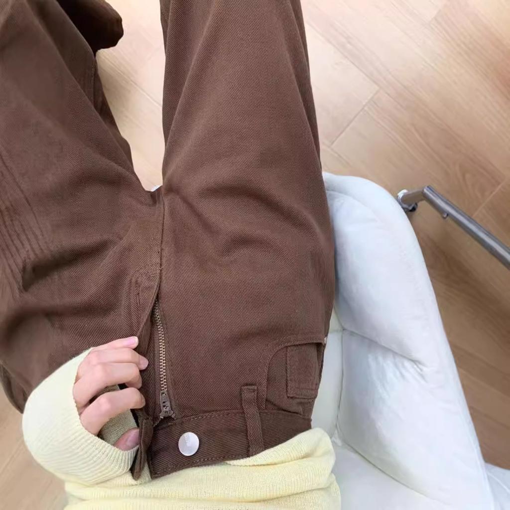 Women's High Waist Straight Leg Jeans Casual Brown Denim Pants Vintage Trousers