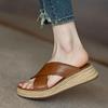 New Summer 2025 Outdoor Fashion Soft French Cross-belt Thick-soled Wedge Heel Straw-woven Cool Round Toe Soft Soles Slippers