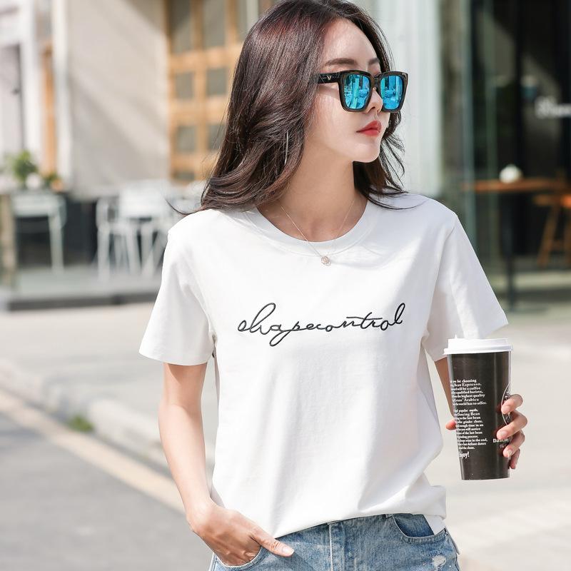 

Новая женская корейская версия футболки с короткими рукавами с круглым вырезом и вышивкой букв, летний красный топ Instagram большого размера, свободный XL белый