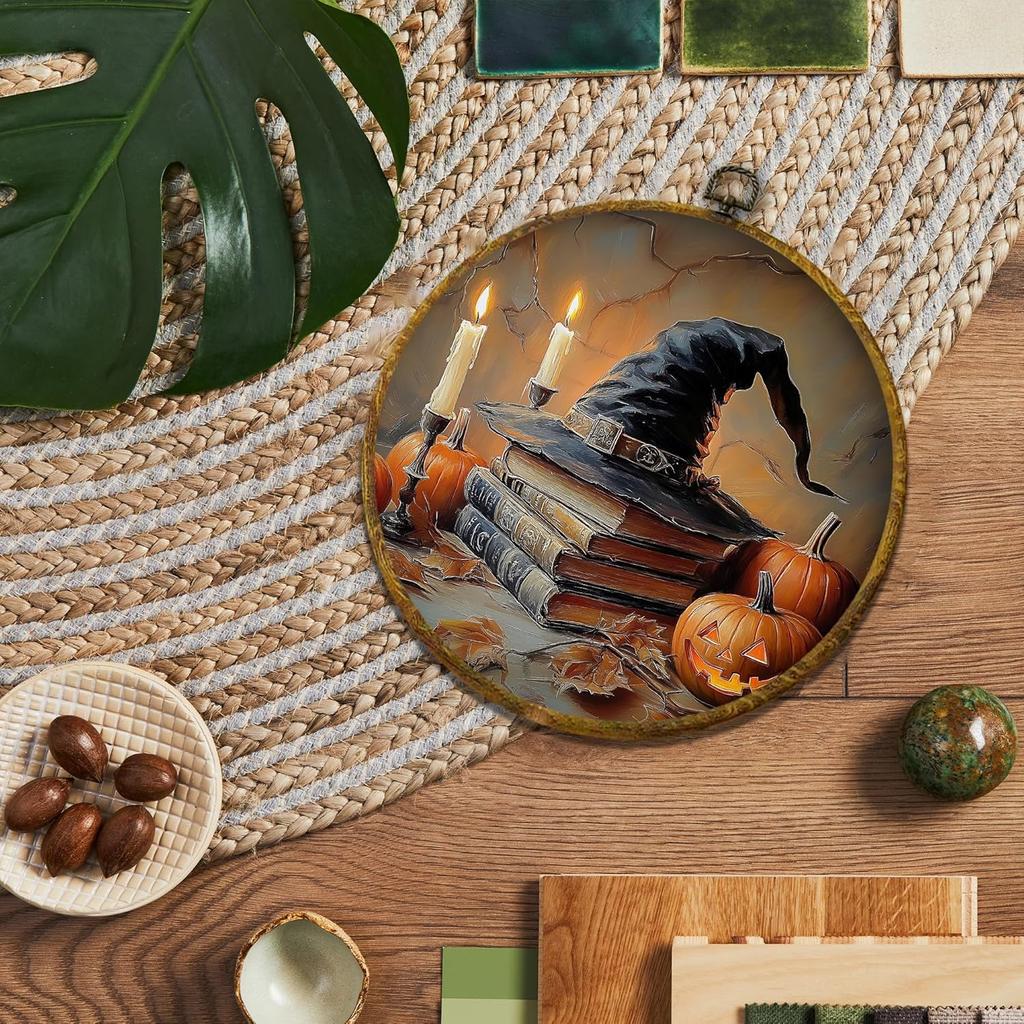 shiviody Fall Halloween Pumpkin Canvas Wall Art Decor, Autumn Halloween Hat Wall Art, Dark Moody Thanksgiving Round Hanging Frame Prints Decorations