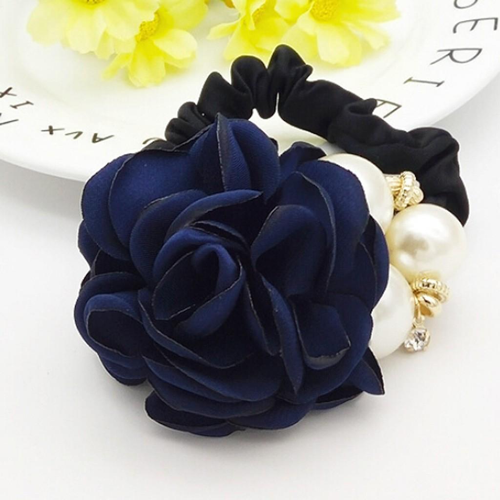 Women Big Rose Flower Pearl Rhinestone Hair Bands Girls Elastic Hair Rope Ring