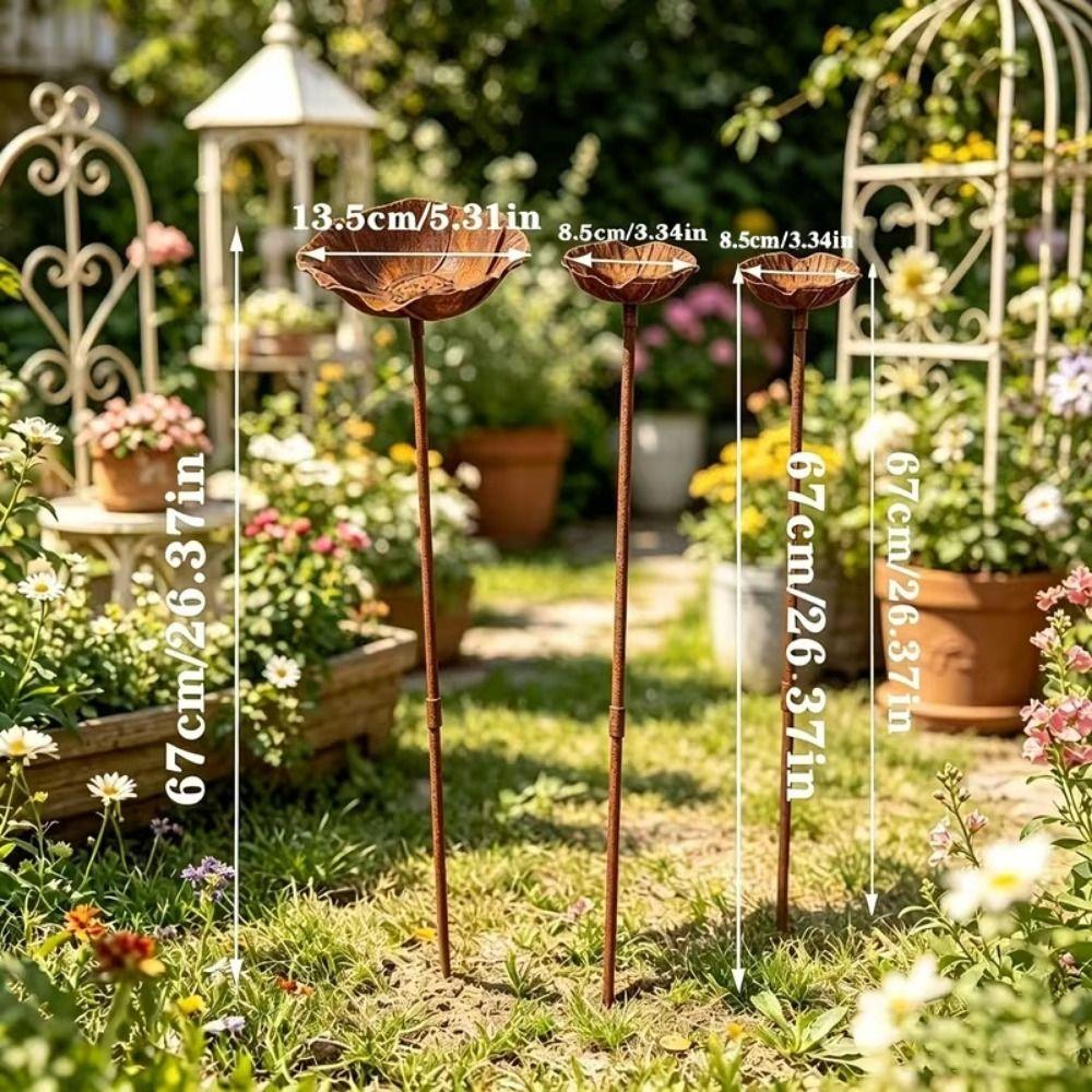 2/3PCS Yard Decoration Bird Bath Rusted Red Decorative Ground Stake Garden Decor