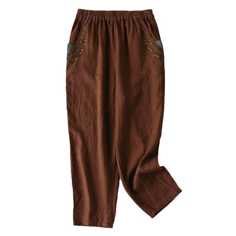 Fashion Loose Casual Embroidered Women Pants Summer New Retro Elegant Loose Straight Harlan Pants Simple Solid Color Versatile Nine-point Trousers