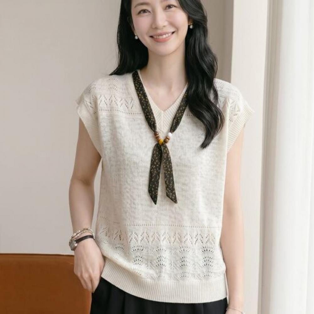 NaVaVa Women Thin Cool Punching V Neck Ribbon Cap sleeVe Knit Top Nk3727