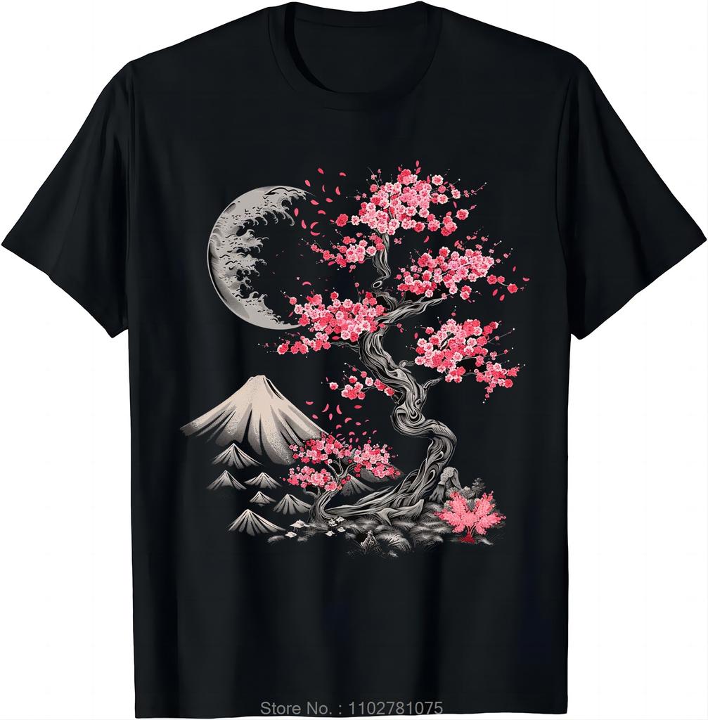 Cherry Blossom Moonlit Serenity Tees Men's Clothing Japanese Style Cotton Tshirt Oversized T-shirt Casual Fitness T Shirt