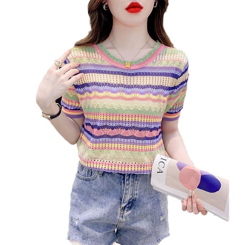 French Round Neck Color Striped Short Sleeved T-shirt for Women's Summer Hollow Knitted Base Shirt Casual Top