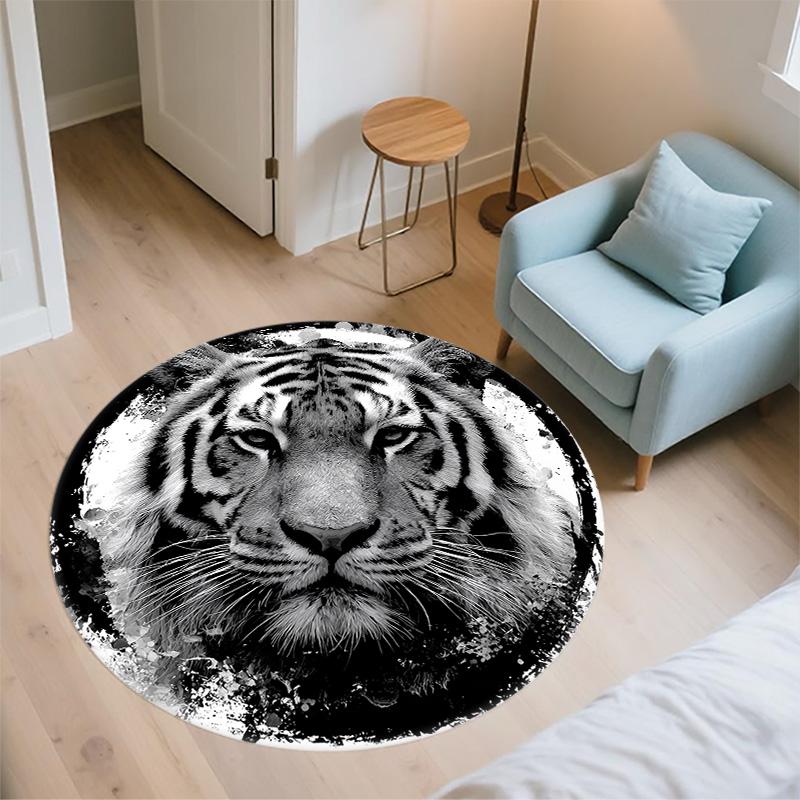 Black and White Ink Tiger Round Area Rug,Carpet Rug for Living Room Bedroom Sofa Playroom Decor,Non-slip Floor Mat