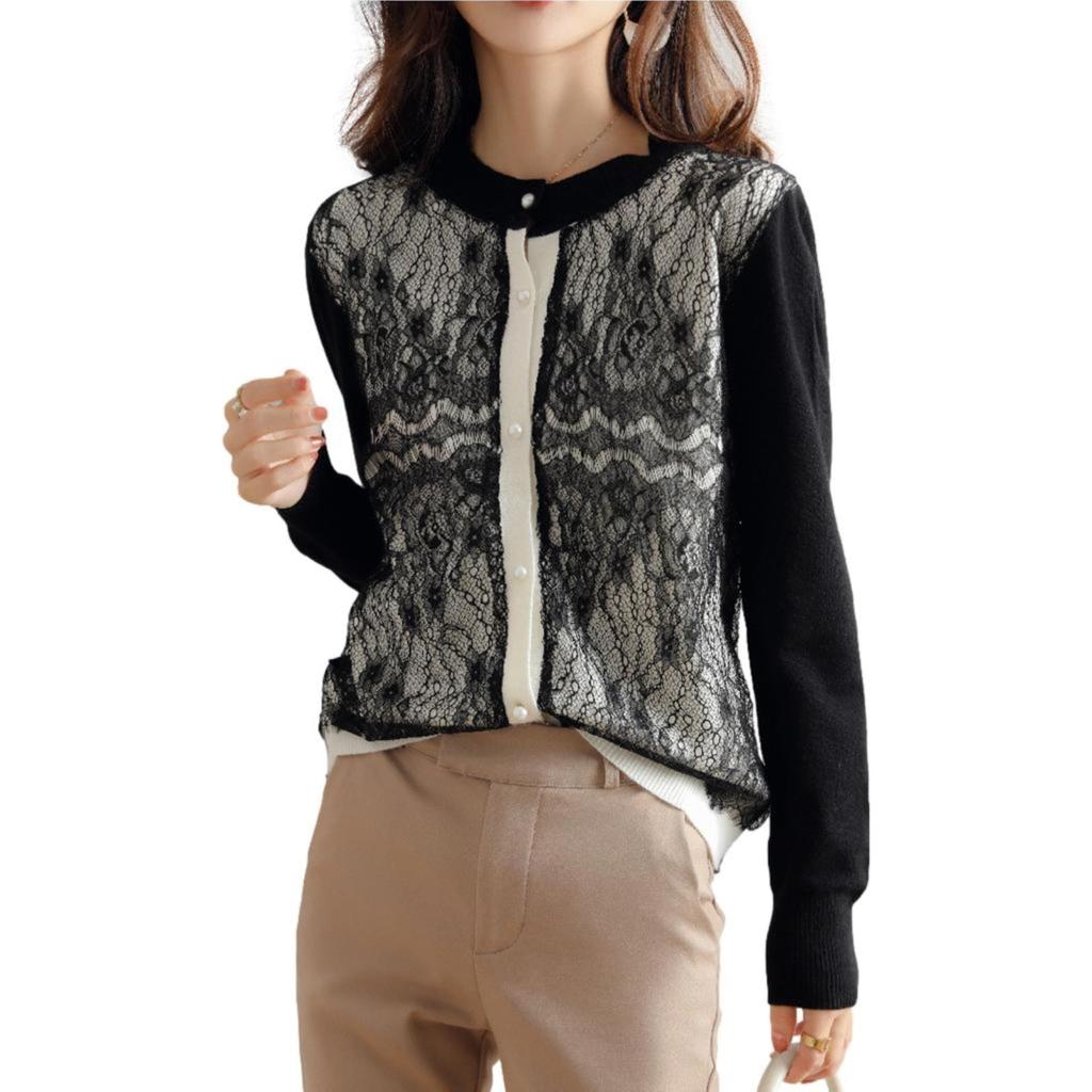 Knit Lace Pearl Long Round [Blue Beryl] [Limited Stock] [Blue Beryl] Women's Cardigan, Front, Buttons, Sleeves, Neck, Piping, Black, BB022-BK-S