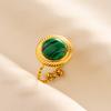 Green Striped Stone Vintage Gold Color Stainless Steel Open Adjustable Rings For Women Men Accessories Finger Jewelry Sun Flower