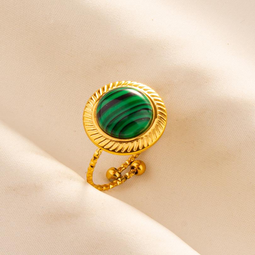 Green Striped Stone Vintage Gold Color Stainless Steel Open Adjustable Rings For Women Men Accessories Finger Jewelry Sun Flower