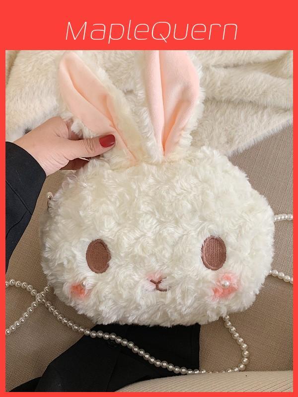 Plush Lolita Bunny Bag With Pearl Chain For Casual Travel And Cute Style