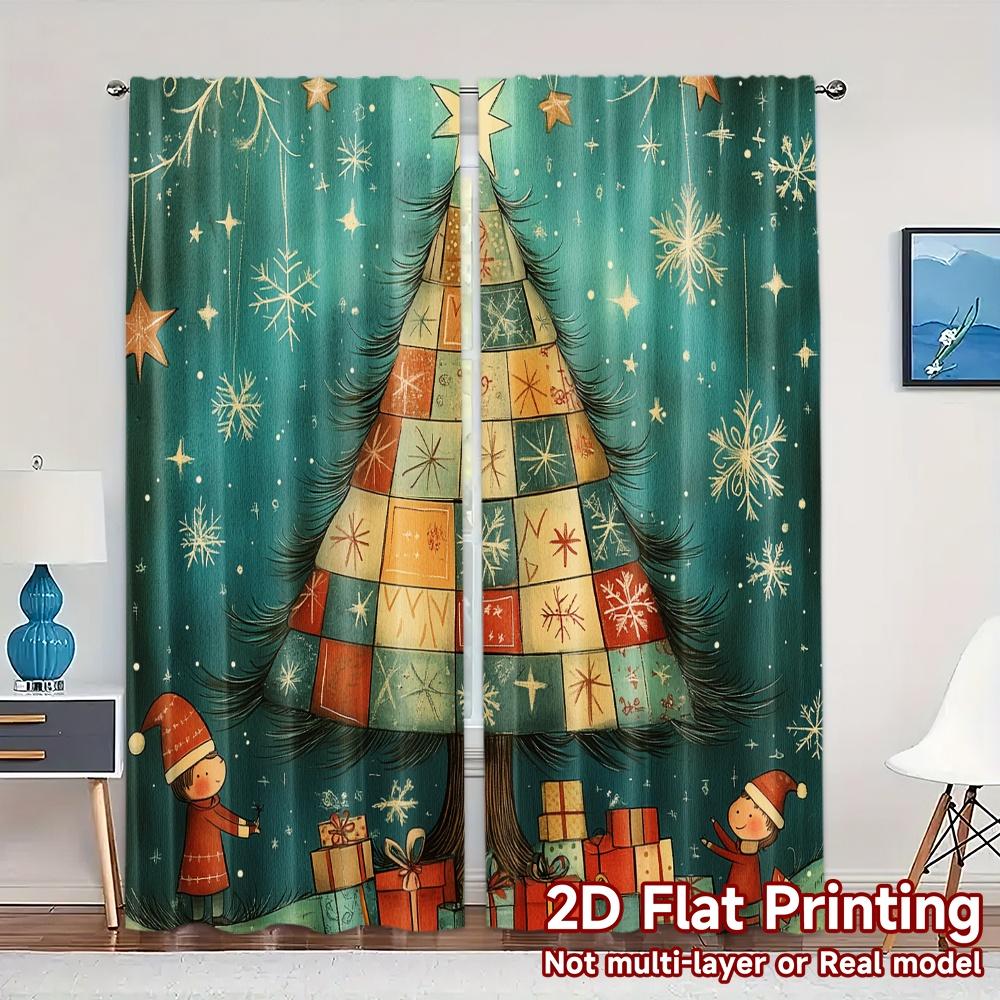 

2pcs Curtains Christmas Tree Stars Gift (3) Popular Light Filtering Curtains Machine Washable Fabric Curtains Art Deco Festive 100*130 Grommet Top 1pcs