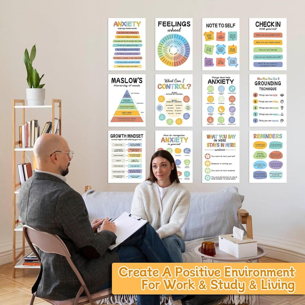 12Pcs Mental Health Posters, Therapy Office Decor, Counseling Office Must Haves School Counselor Supplies, Mental Health Wall Art Decor Home Office