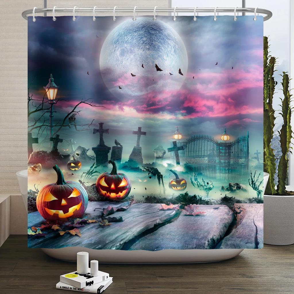 Halloween Duschvorhang Horror Mondnacht Kürbis Schädel Skelett Gruseliges Schloss Hexe Geist Friedhof Wasserdicht Badezimmervorhänge