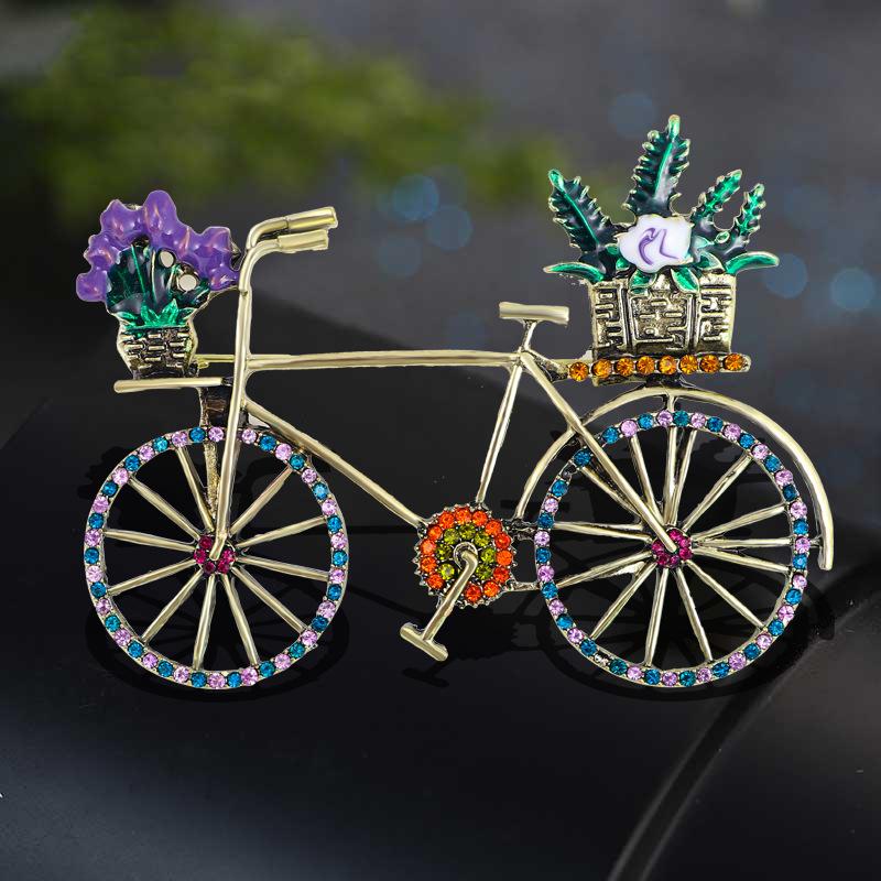 Vintage Creative Rhinestone Bicycle Brooches for Women 2-color Beautiful Taking Flower Bouquet Bike Brooch Pins Jewelry Gift