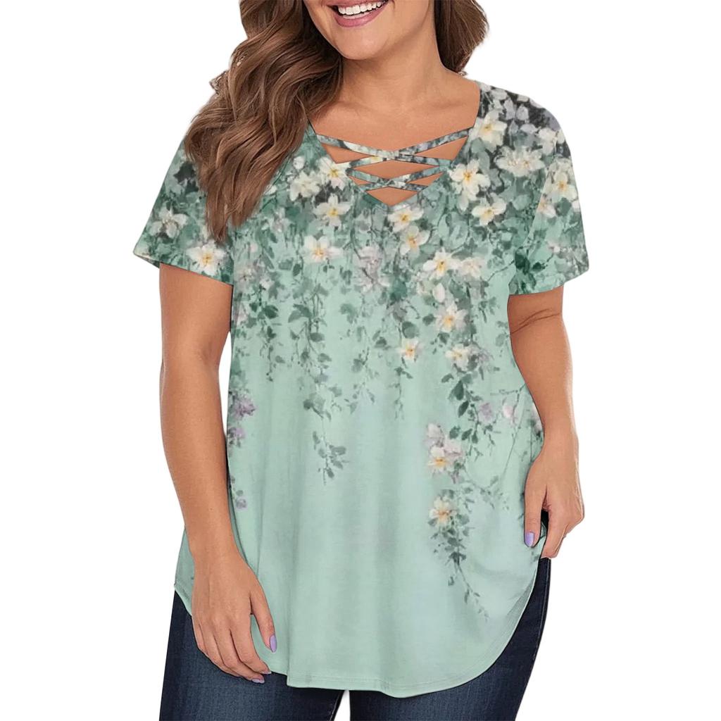 Women's Fashion Casual Printed V-Neck Short Sleeve Large Size T-Shirt Top