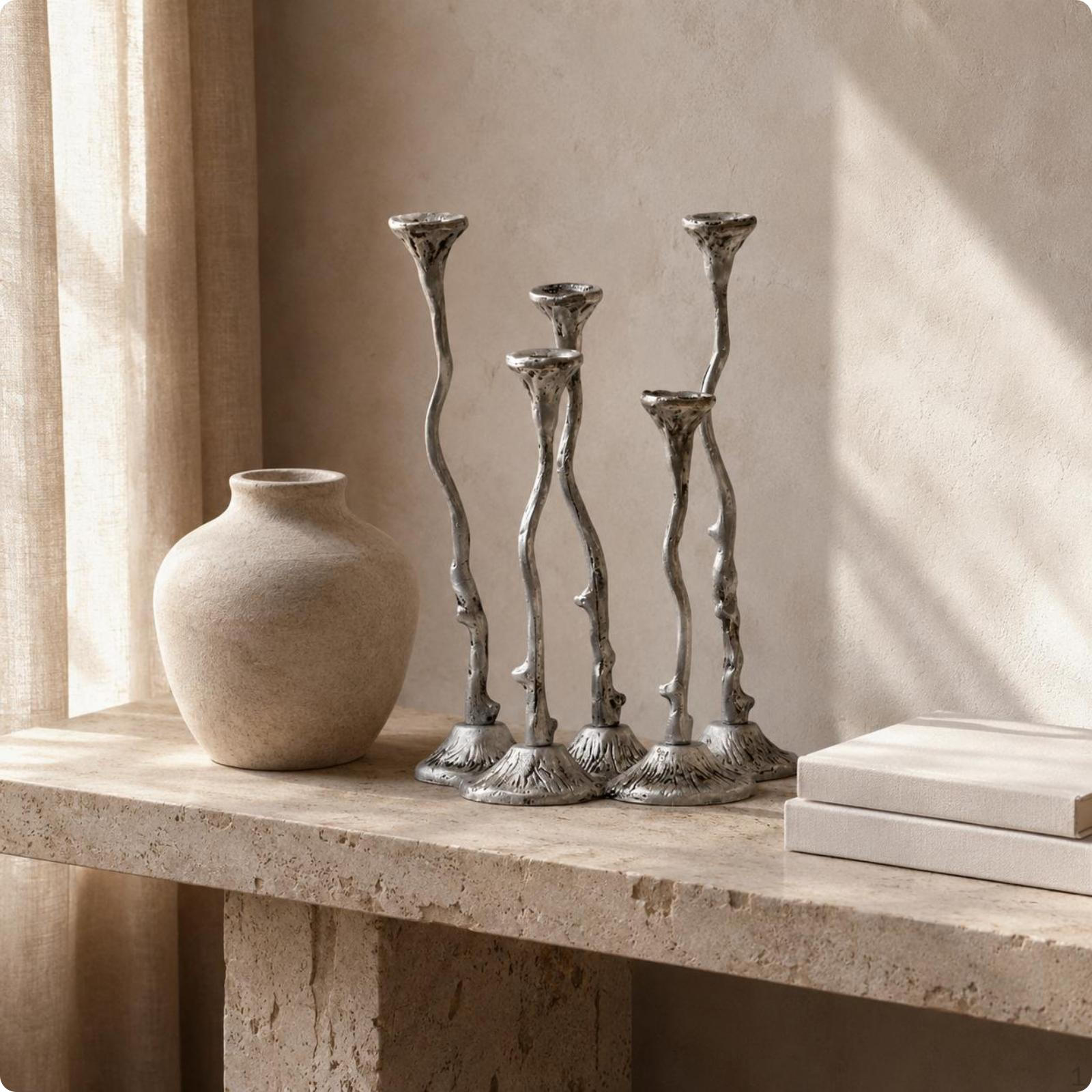 Cast Aluminum Candle Holder Sculptural FiveArm Textured Shiny Metal Candelabra Vintage