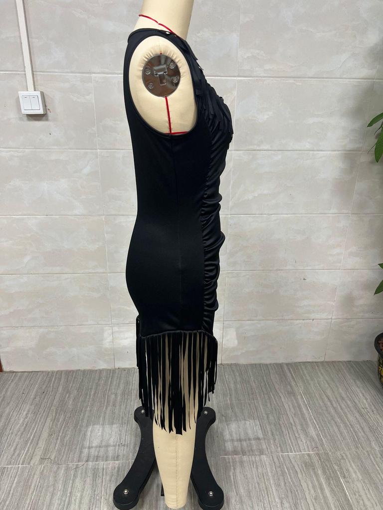 Retro Western Deep V Fringe Spaghetti Strap Slim Fit Dress