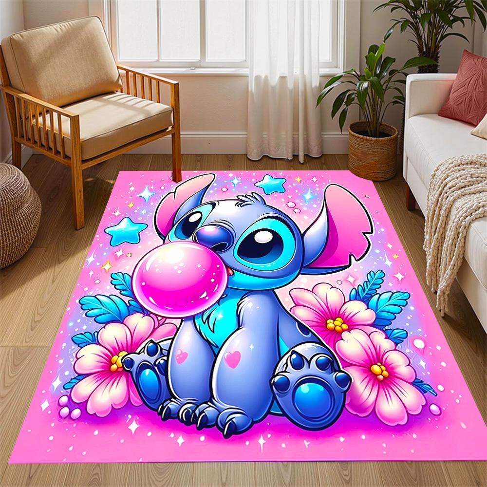 Pink Stitch Heart Background Disney Cartoon Theme Anti-Slip Rug - Polyester, Home Decor, Suitable for Bedrooms, Living Rooms, Doorways, and Studios