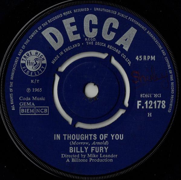 

7inch Record BILLY FURY - In Thoughts Of You F12178 Decca 1965 UK Rock Used