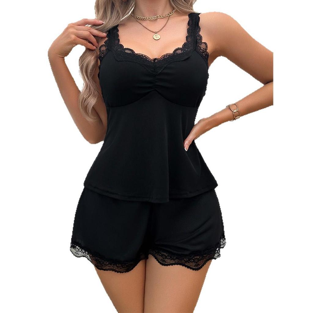 Women's Black Lace Pajama Set - V-Neck Camisole & Shorts Loungewear