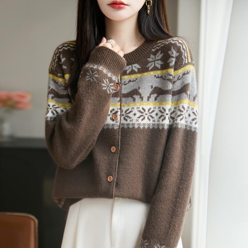 Dámský pletený kardigan Fair Isle - Volný svetr s dlouhým rukávem pro podzim/zimu 2025