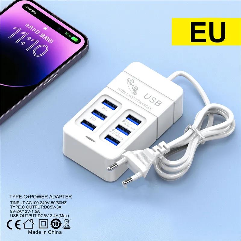 6portová víceportová USB nabíječka 35W PD Type-C mobilní telefon rychlé nabíjení rychlé nabíječky typu C nástěnná nabíječka adaptér typu C s konektorem EU/US