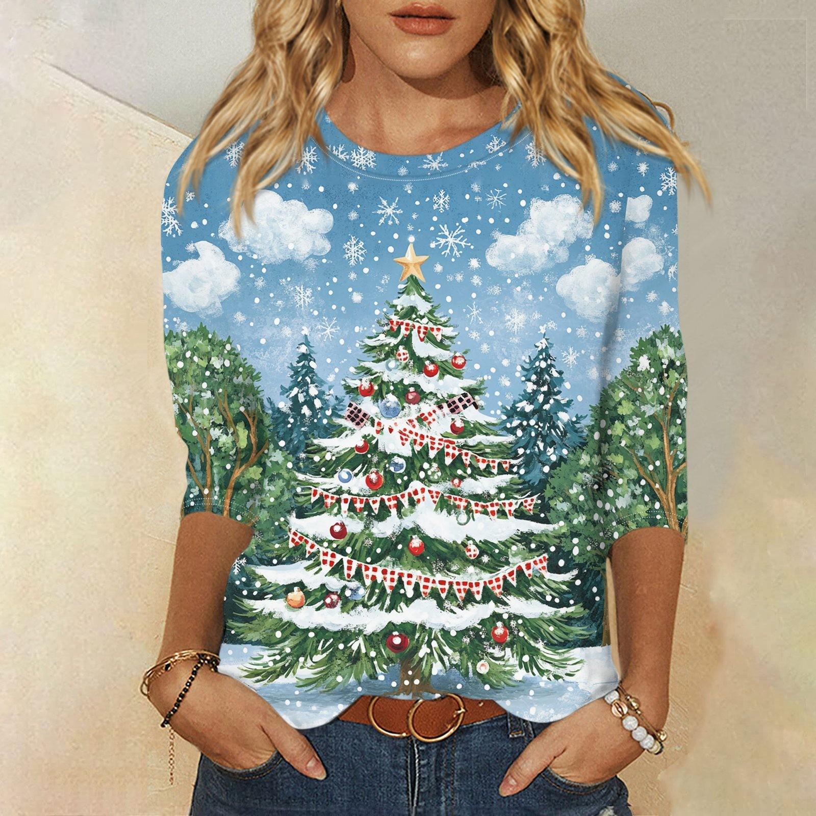 

Женская мода, повседневная свободная футболка с рождественским принтом и круглым вырезом, рукав 3/4, женский топ L