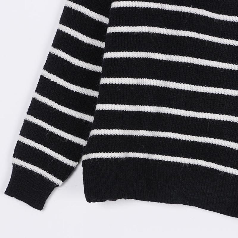Striped Sweater Women Knitted Pullovers Autumn Winter Fashion Zipper Jumpers Long Sleeve Half High Collar Loose Pullover