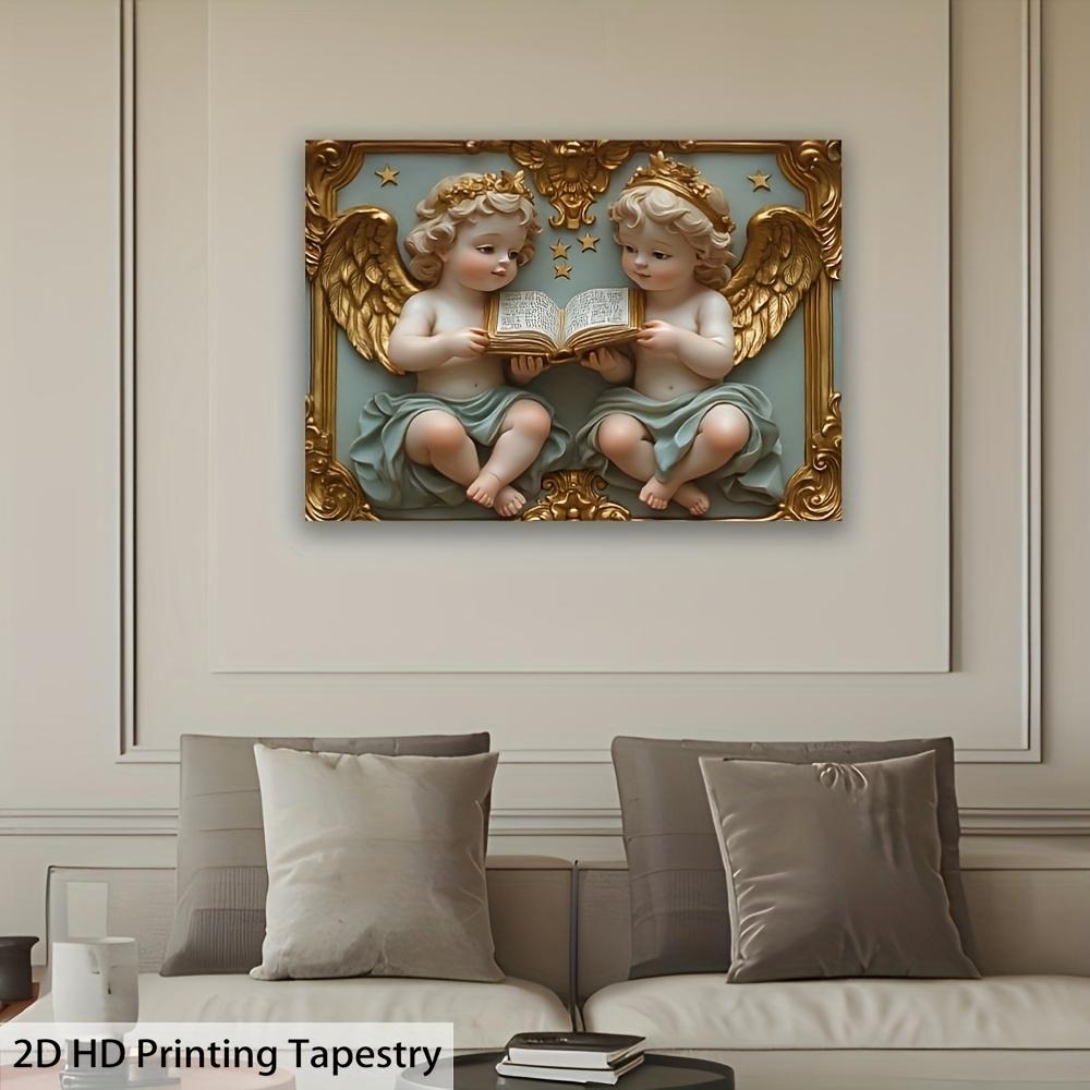 Angel Statue Tapestry, Twin Cherubs with Golden Wings Reading Book, Relief Style Wall Hanging for Living Room Bedroom Decor