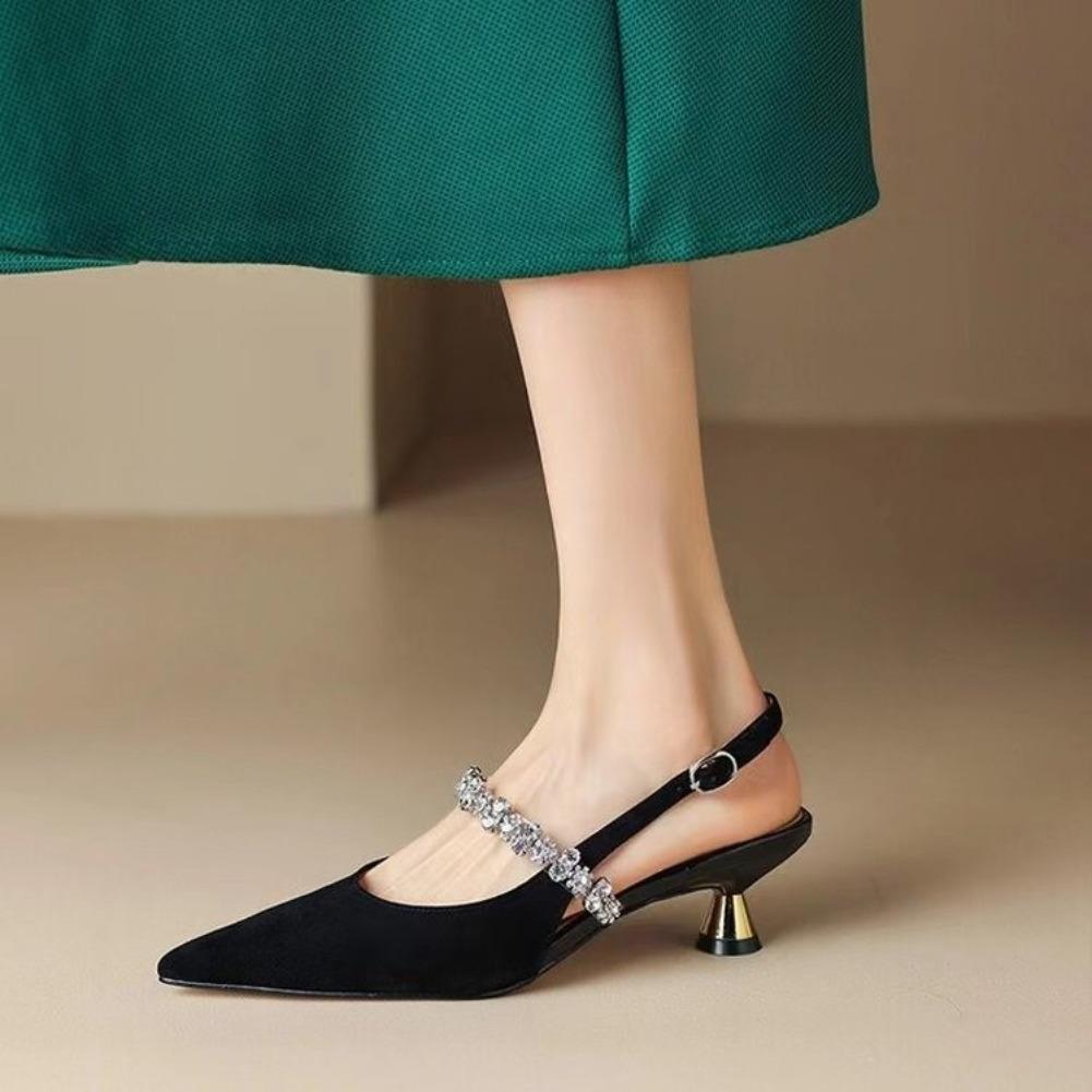 Fashion New Black Silver Low Heels Sandals 2025 Women Shiny Crystal Straps Pointed Toe Sandals Woman Slingbacks Pumps Ladies Shoes