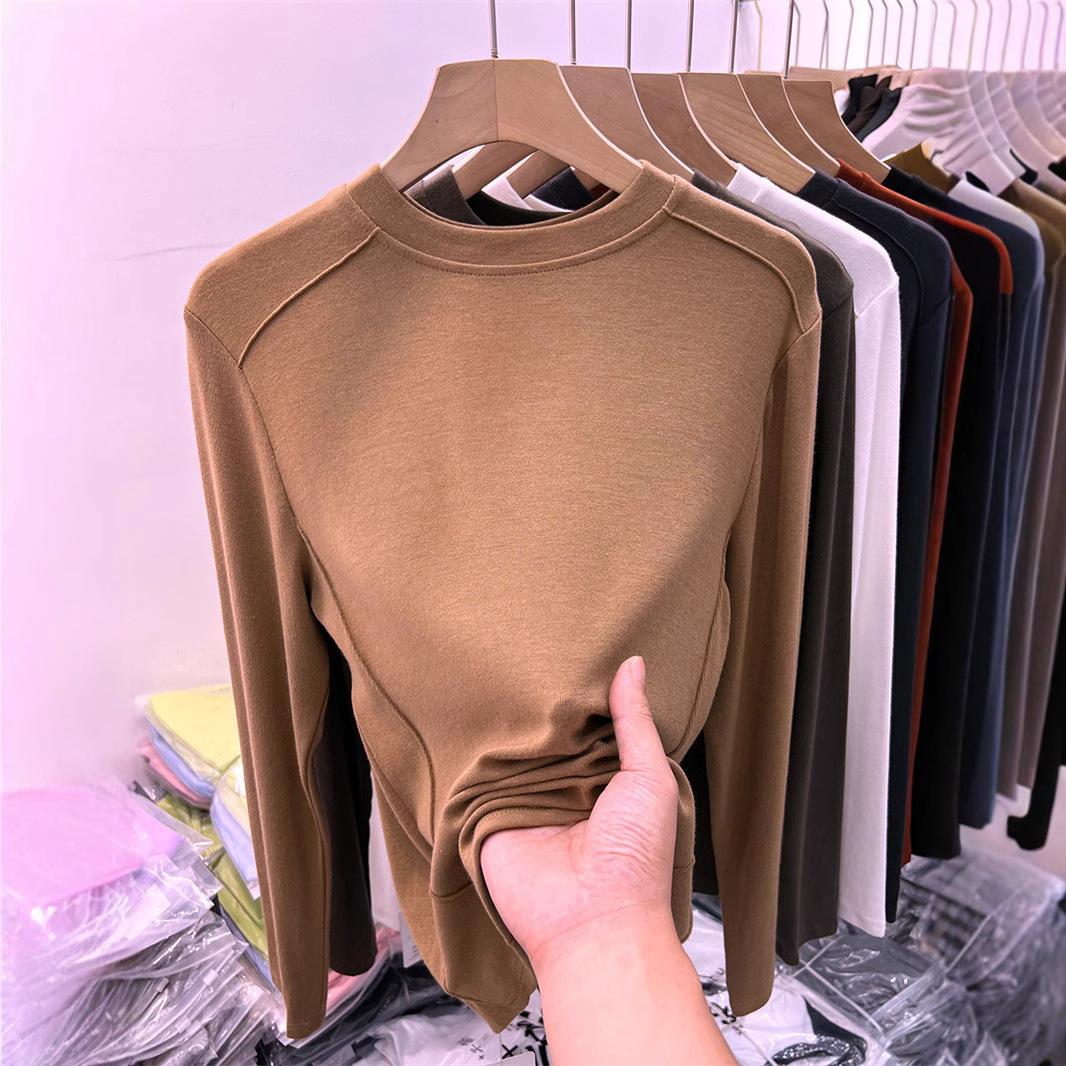 

Женская нижняя рубашка, новый стиль осень-зима, футболка с длинными рукавами, модный и теплый однотонный топ для студентов 2XL коричневый