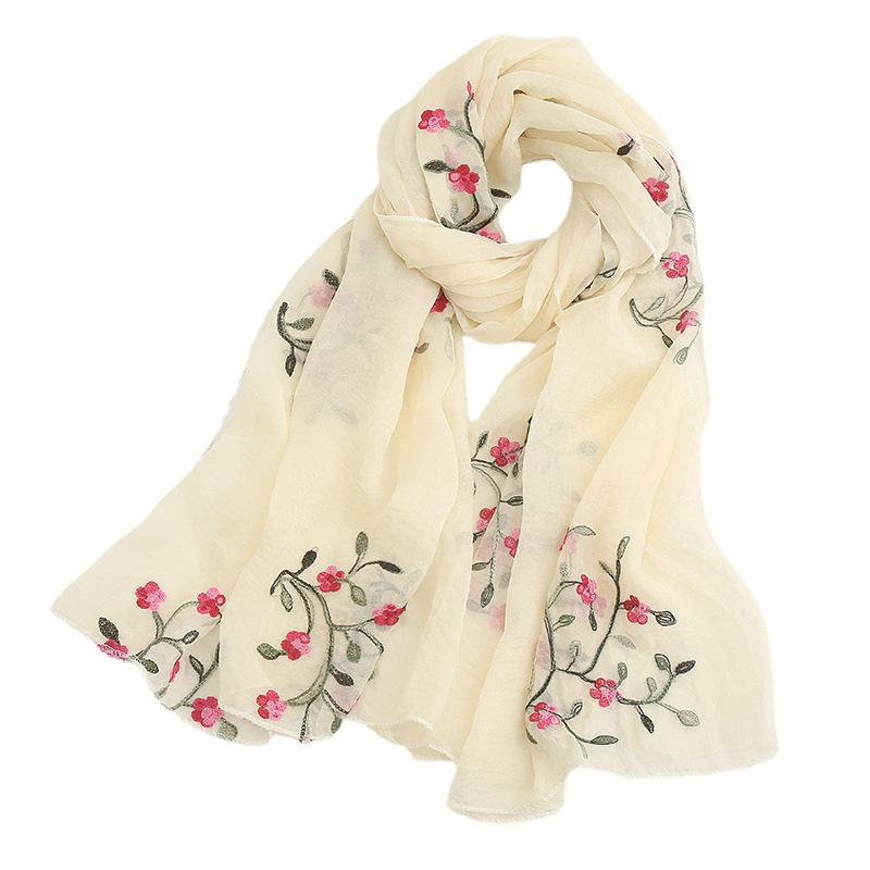 Eșarfă șifon cu flori de piersic în stil coreean: Șal Versatil pentru Femei cu Broderie Florală, pentru Modă și Călătorii, Protecție Solară
