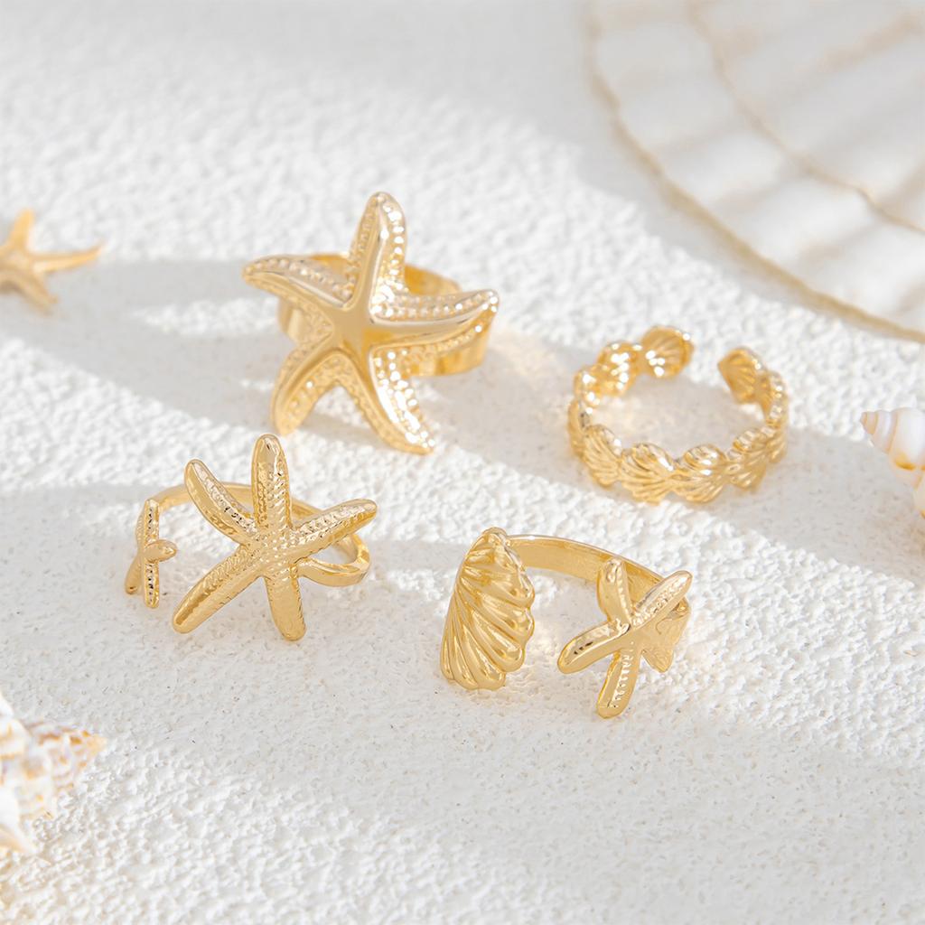 4-teiliges Coastal Chic Seestern Offene Ringe Set Verstellbarer Strandschmuck für Damen Gold & Silber Trendige Sommeraccessoires