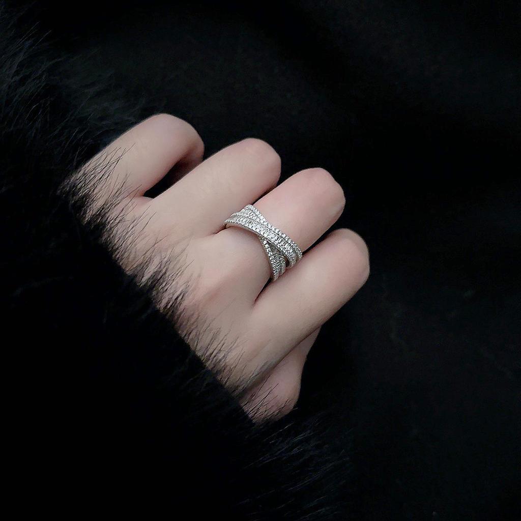 S925 Sterling Silver Double-Layer Cross Diamond Ring - High-End European & American Jewelry