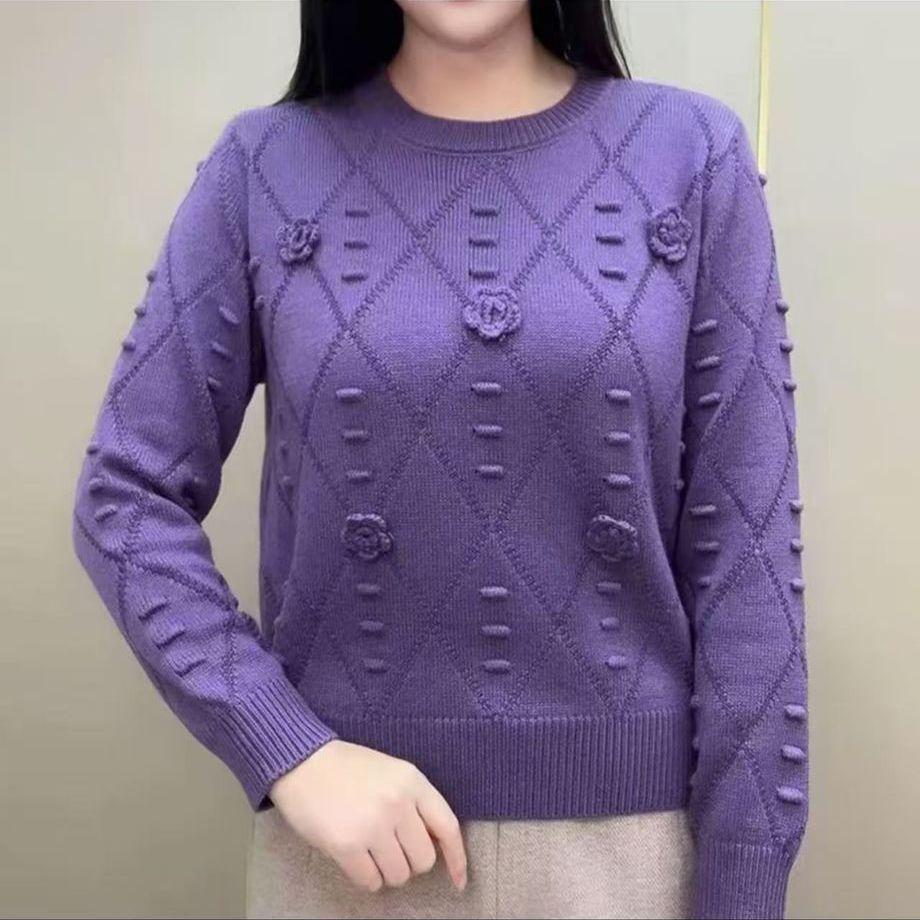 Spring and Autumn Women's Crew Neck Sweater Loose Solid Color 3D Flower Knit Pullover Short Sweater