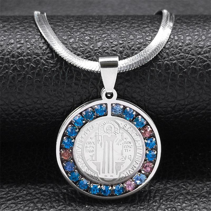 1Pc Stainless Steel St. Benedict Medal Pendant Jewelry New Product Hip Hop Round Coin Set Diamond Necklace