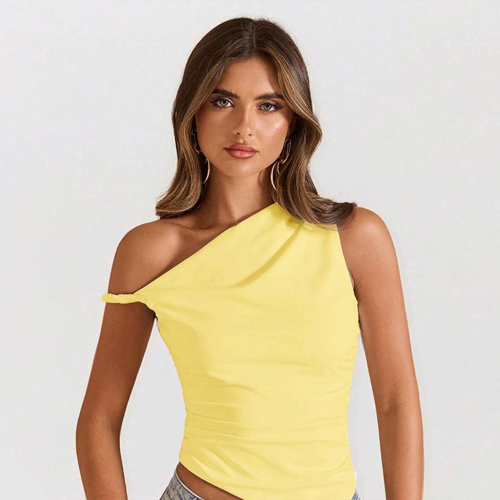 European and American fashion, fresh vitality, single shoulder irregular cutting design with pleated details, slim and thin top