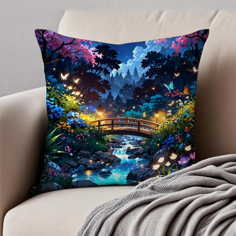 Nighttime dreamy lanterns and flowers Cushion Cover Pillowcase Antidustmite Invisible Zipper Short Plush Sofa Cushion