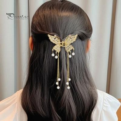 Hair Claw Long Fringe Faux Pearls Butterflies Decor Hair Clips Women Girls Hairstyles Home Outdoor Playing Hair Decoration