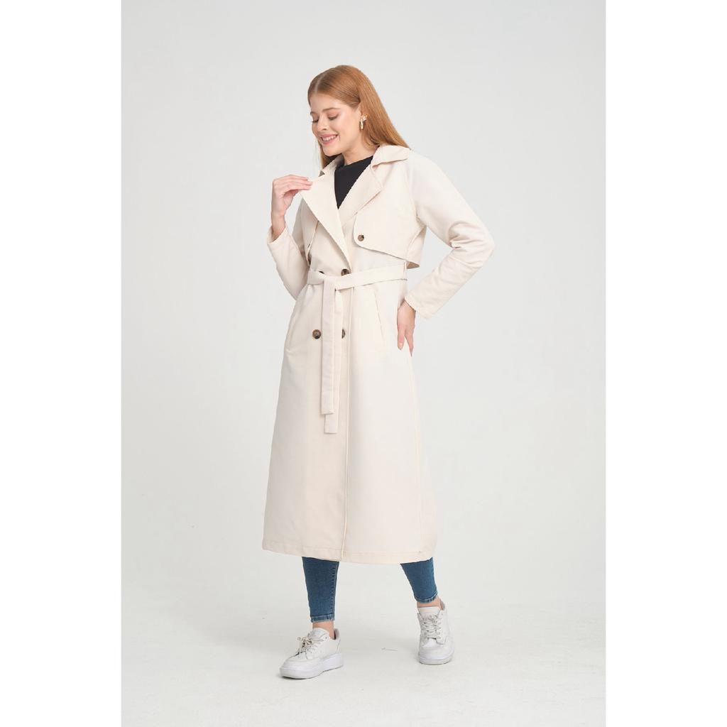 Raglan Sleeve Mid-length Double Breasted Trench Coat (120 Cm) Dark Beige 7558
