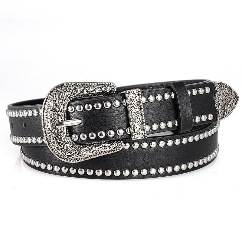 American fashion punk style belt for men and women, trendy carved silver buckle, rivet decoration, versatile belt for women