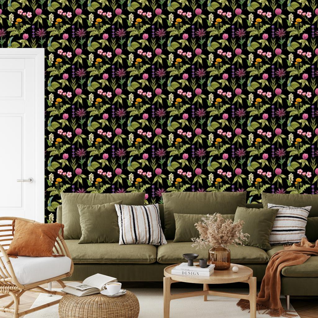 Wallpaper Flowers Black and Yellow for Living Room and Bedroom 50x1000