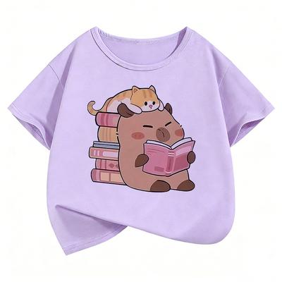 Summer Spring Cute Cat with Capybara Reading Book T Shirts Short Sleeve Kids Children's T-shirt Boys Girls Casual Top Tee Shirt