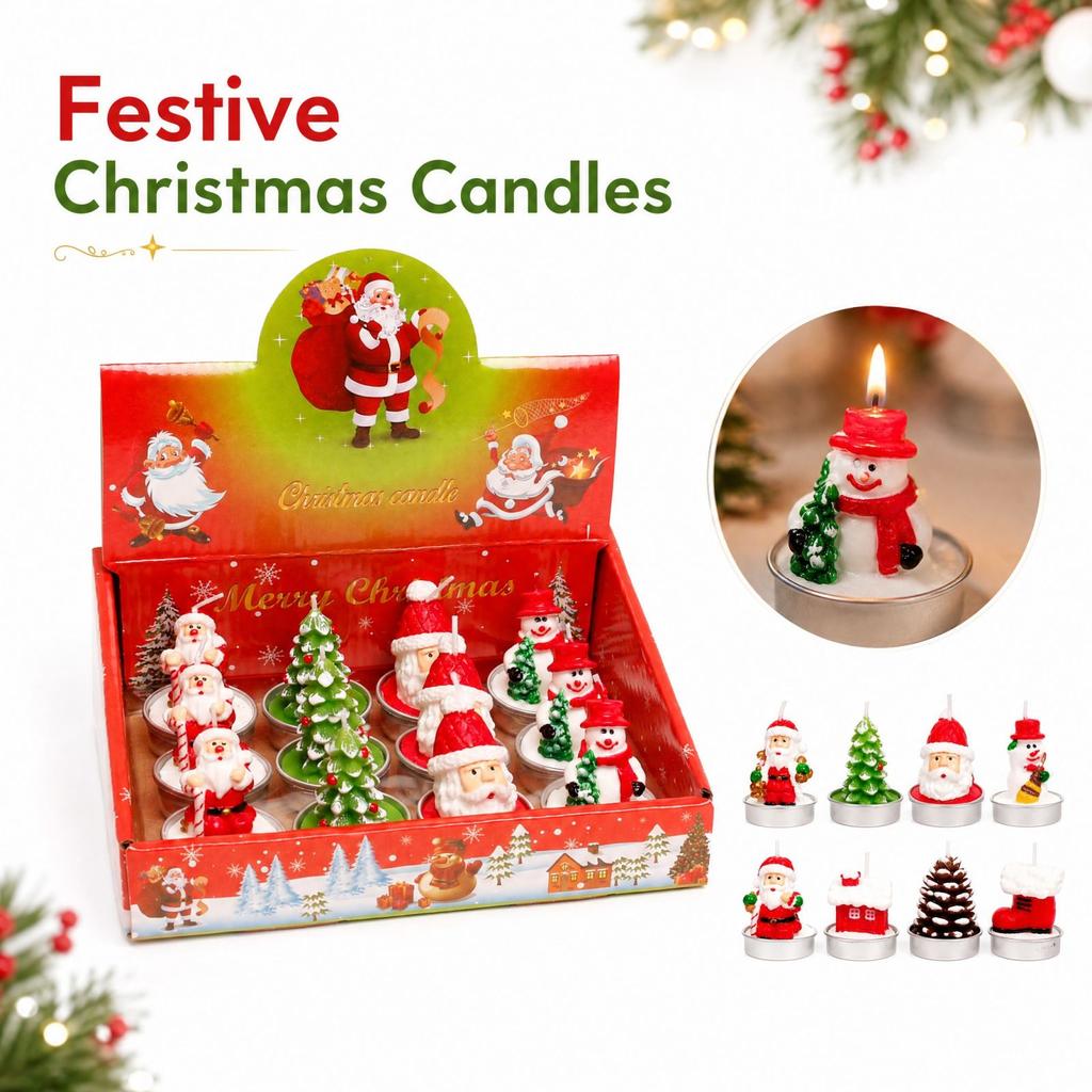 Christmas Tea Light Candles 12 Pack, Painted Aluminum Shells with Snowman, Santa and Christmas Tree Designs, Gift Box Set