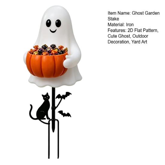 Decorative Soil Insert Signs Halloween Ghost Candy Bowl Garden Stake, 2D Flat Pumpkin Holder with Cat Spooky Bucket Sign And Bats, Trick or Treat