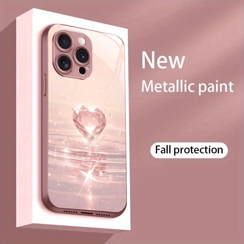 Pink Diamond Ripple Pattern Pink Metallic Paint Glass Phone Case For iPhone 11 12 13 14 15 16 17 Pro Max Plus 16E 17Air Cover