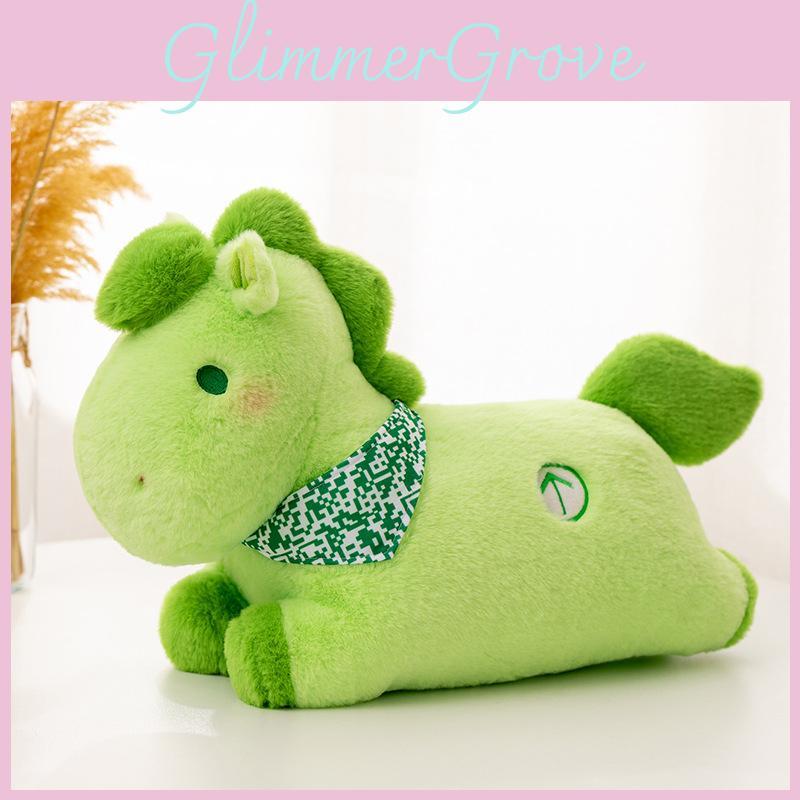Green Horse Plush Toy With Mosaic Scarf Decor And Embroidery Design For Kid Gift
